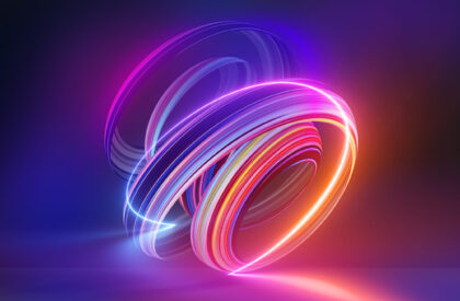 3d render, colorful background with abstract shape glowing in ultraviolet spectrum, curvy neon lines. Futuristic energy concept